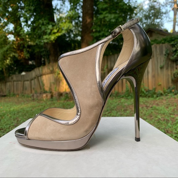 Jimmy Choo Leondra 120 SMT nude suede mirror leather pumps 39 - Picture 9 of 15